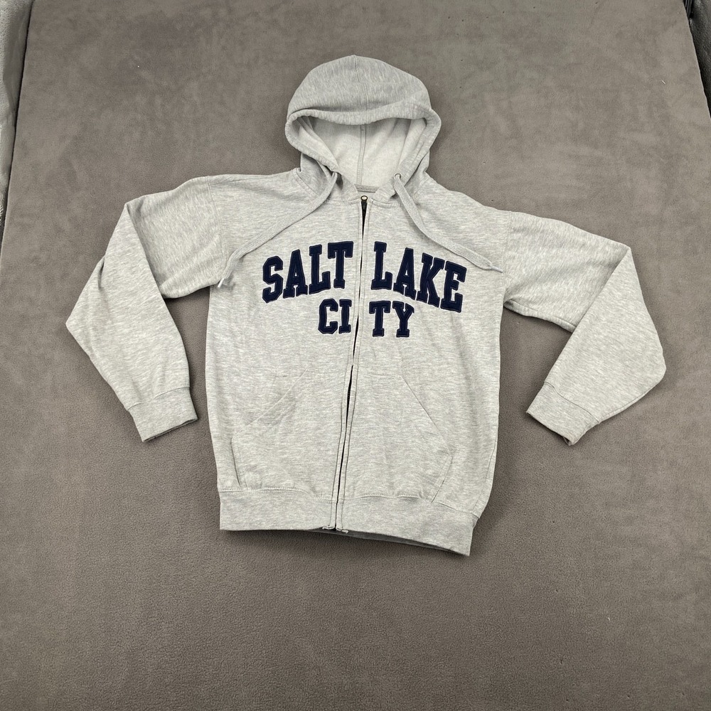 Y2K New York Popular Salt Lake City Hoodie Sz S Gray Cotton Fleece Lined Zip Up